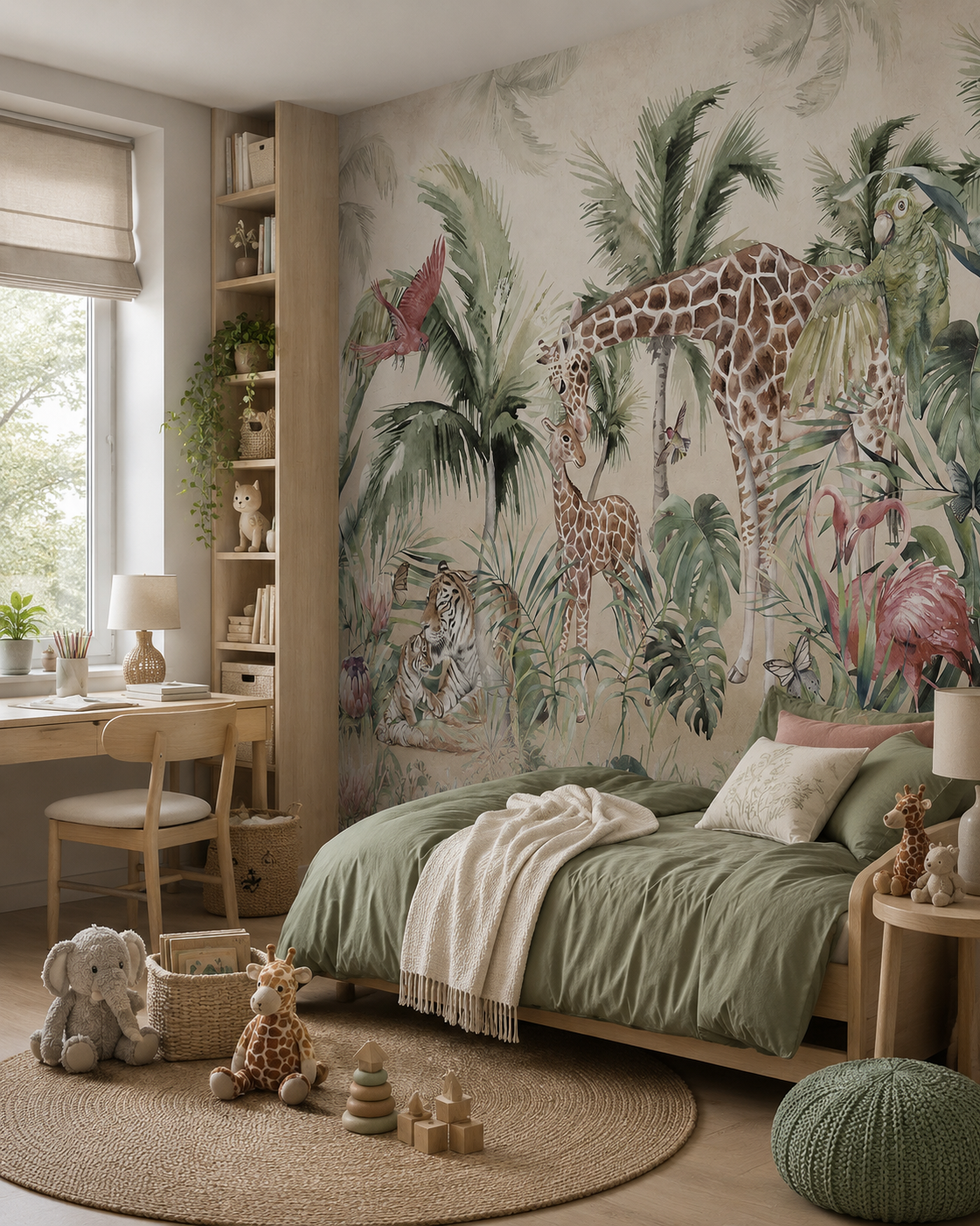 Fototapet pentru copii – Safari cu girafe și flamingo, vlies premium la comandă