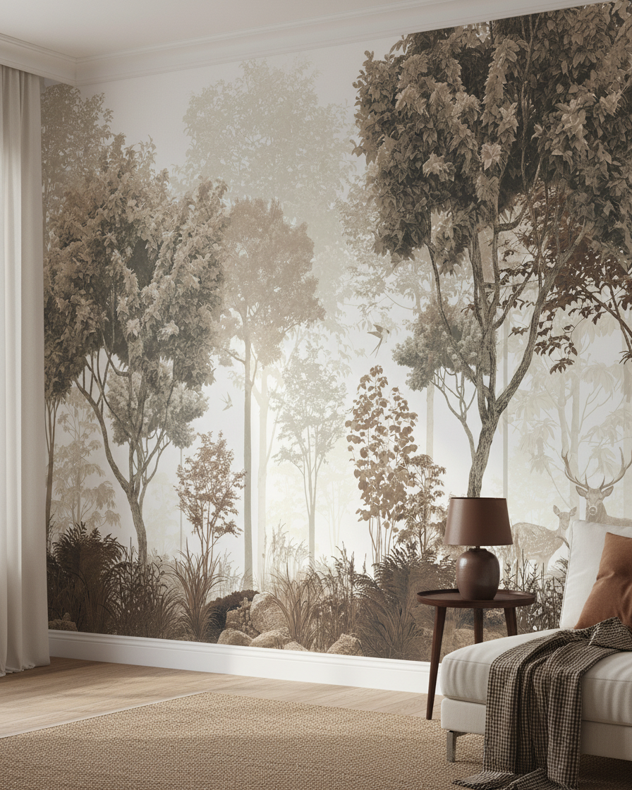 Fototapet cu flori și plante – Copaci sepia în peisaj liniștit, vlies premium la comandă