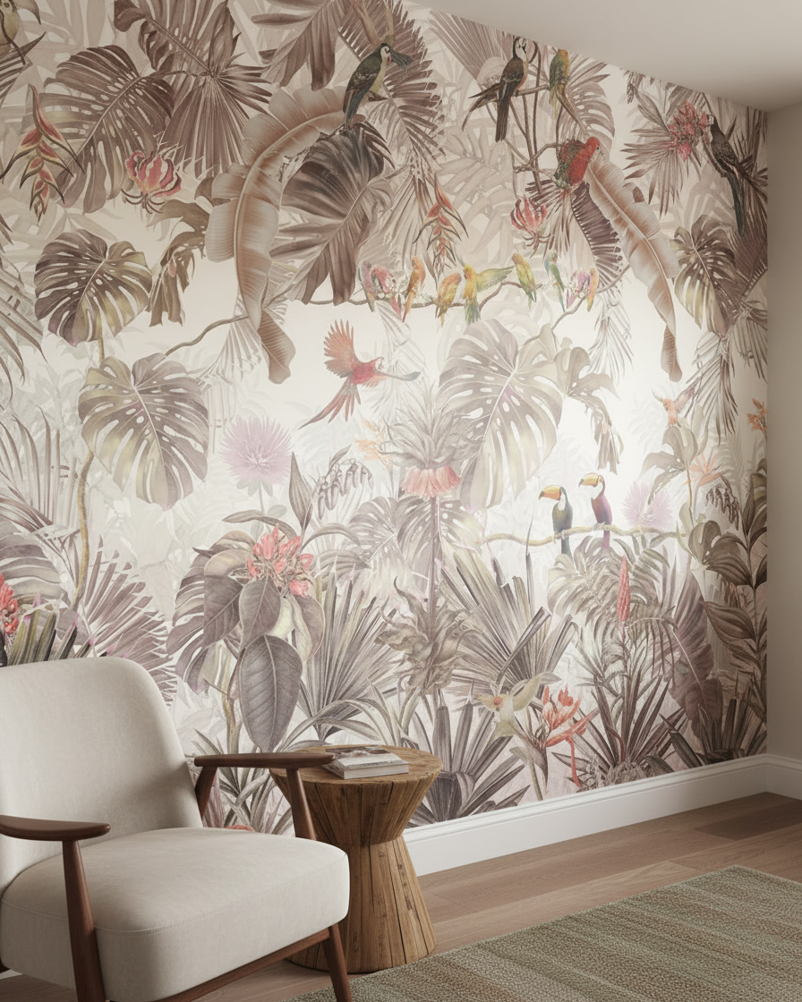 Fototapet cu flori și plante – Junglă tropicală pastel cu tucani și papagali, vlies premium la comandă