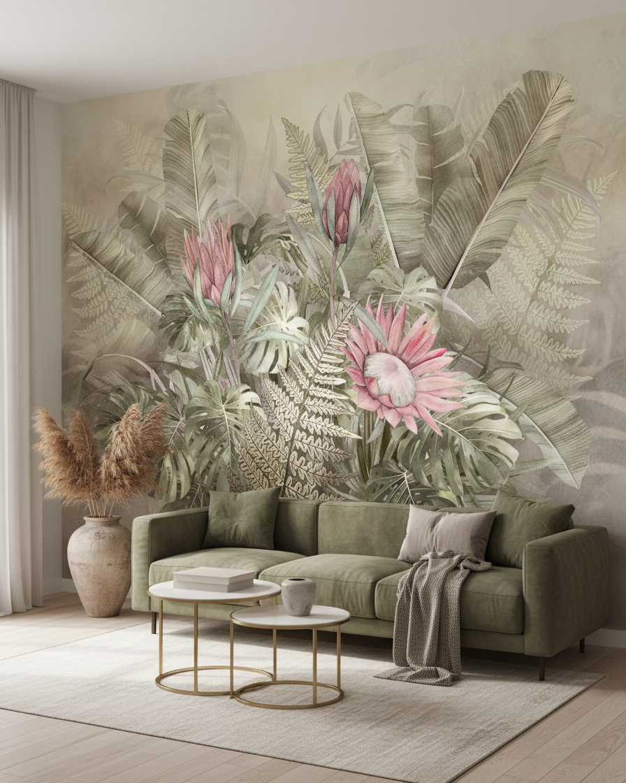 Fototapet cu flori și plante – Flori tropicale roz și verzi, vlies premium la comandă