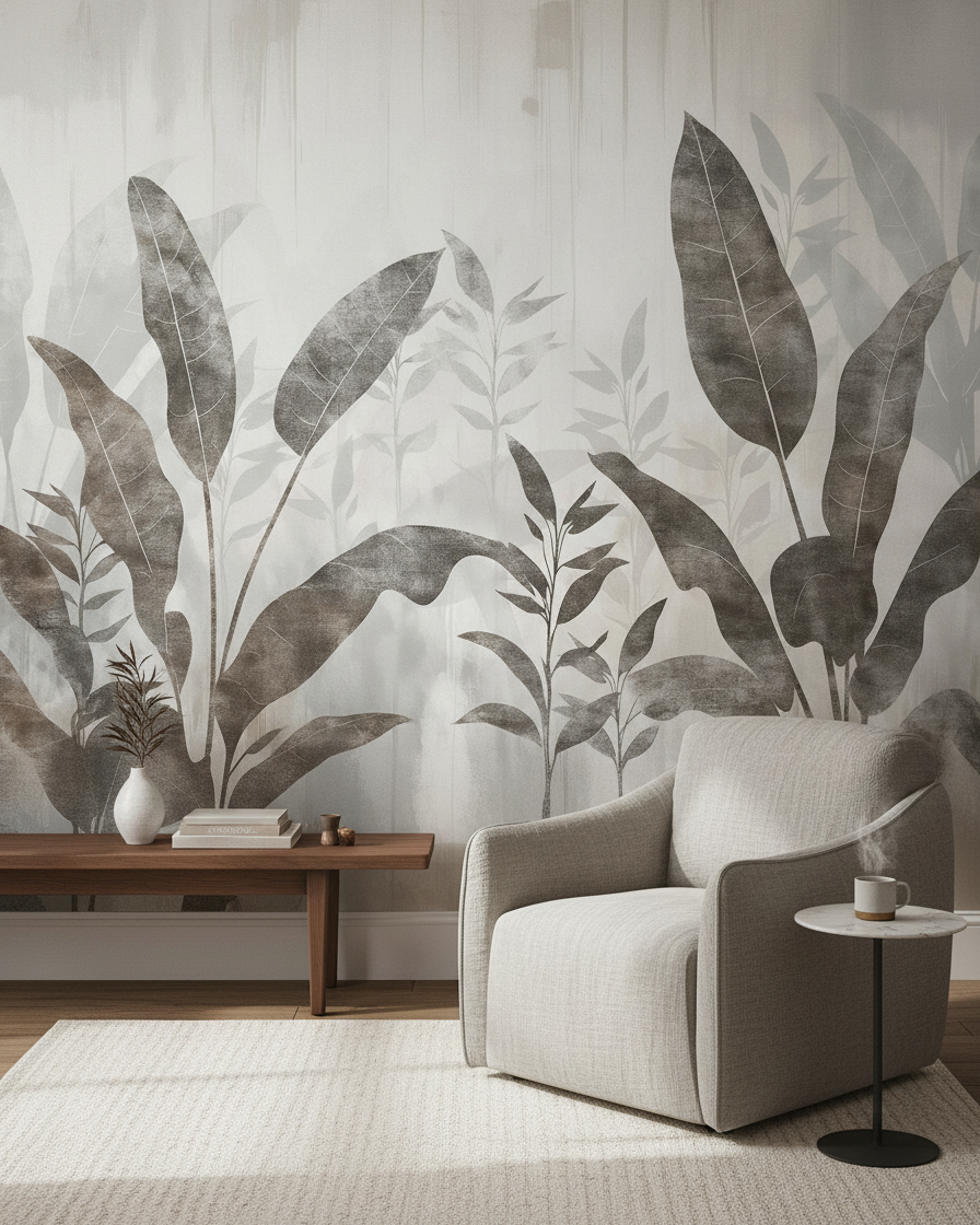 Fototapet cu flori și plante – Frunze tropicale monocrome, vlies premium la comandă