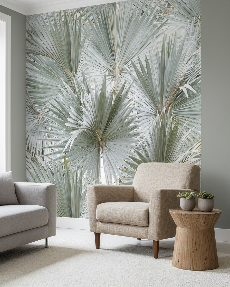 Fototapet cu flori și plante – Frunze de palmier argintii tropicale, vlies premium la comandă