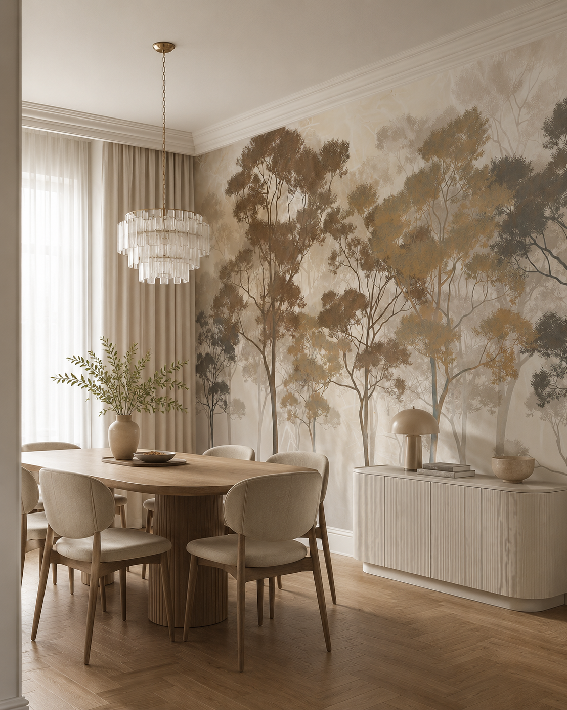 Fototapet cu flori și plante – Pădure artistică în tonuri pământii, vlies premium la comandă