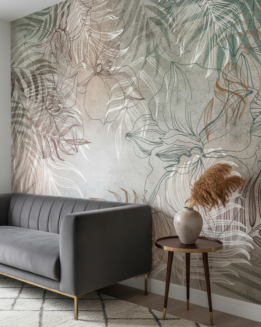 Fototapet cu flori și plante – Flori tropicale liniare în tonuri naturale, vlies premium la comandă