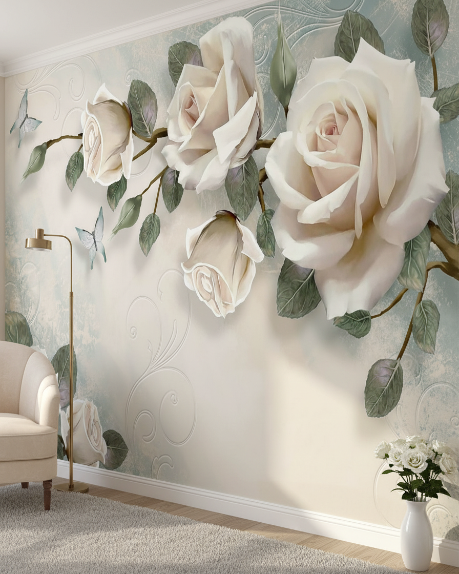 Fototapet cu flori și plante – Trandafiri albi romantici cu fluturi, vlies premium la comandă