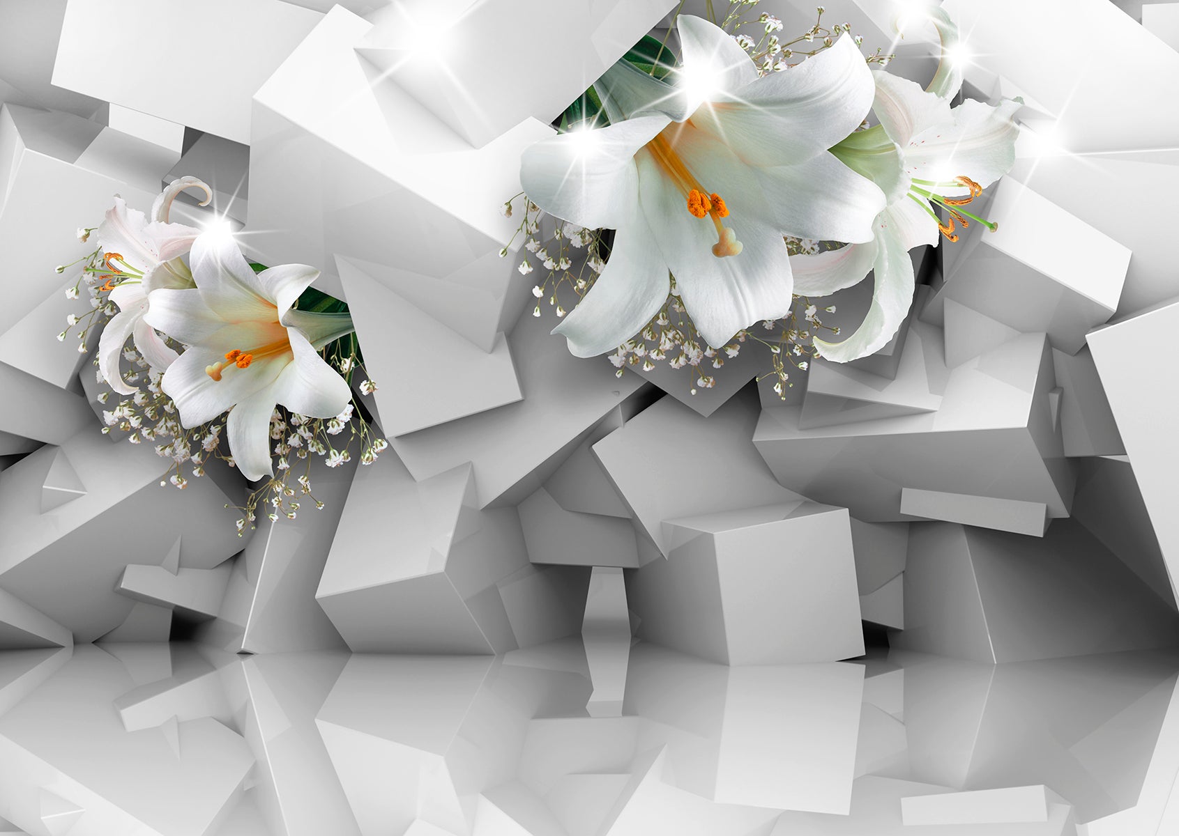 Crini albi 3D pe fundal geometric
