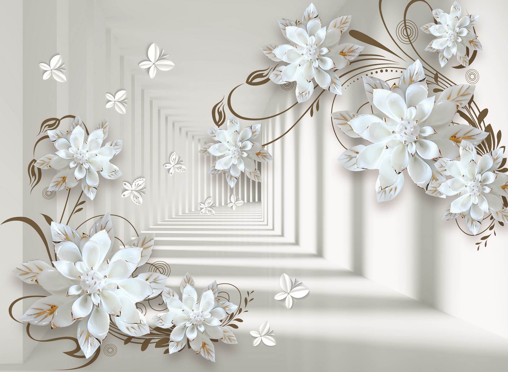 Tunel abstract cu flori albe