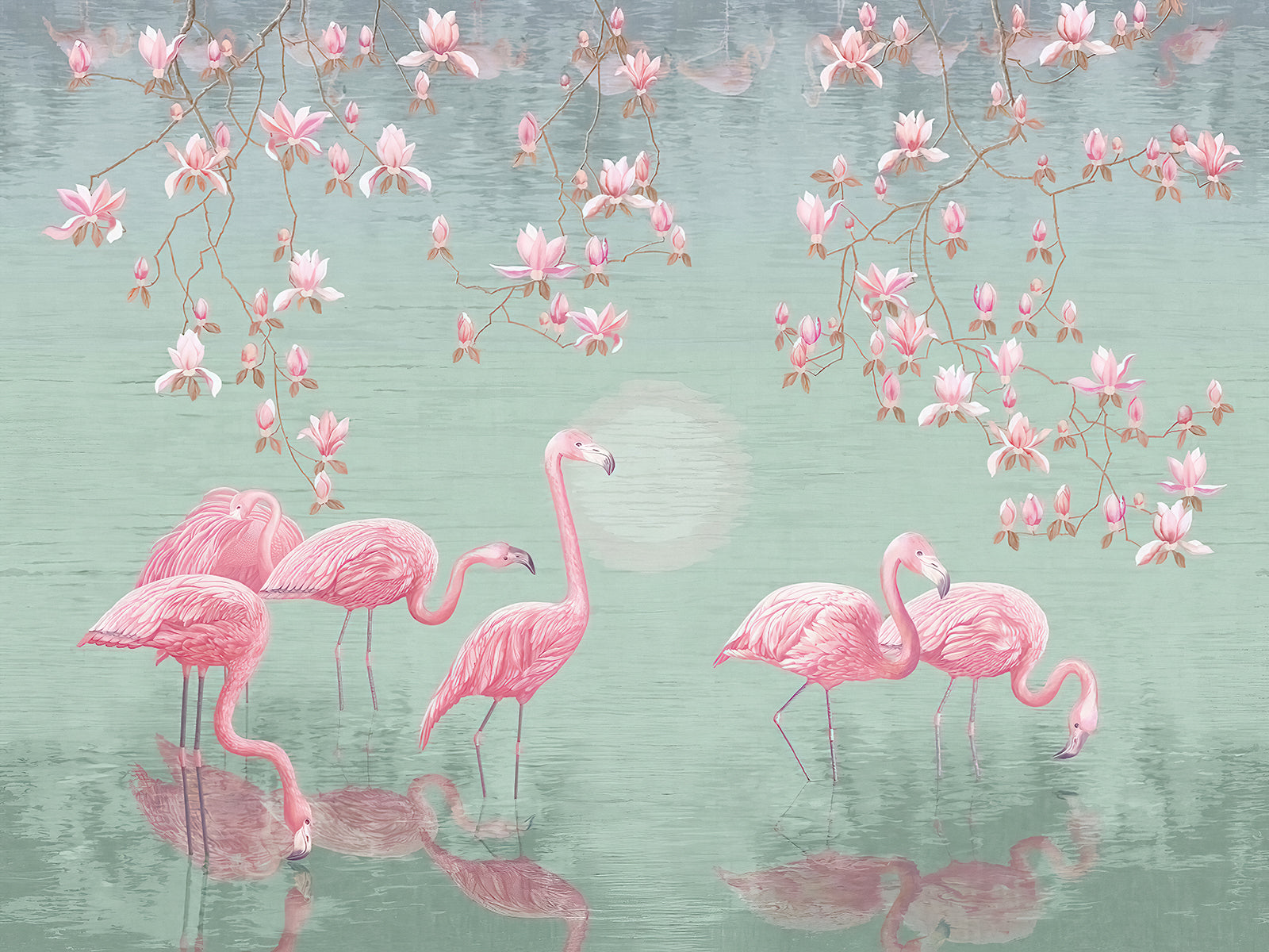 Flamingo roz sub ramuri florale