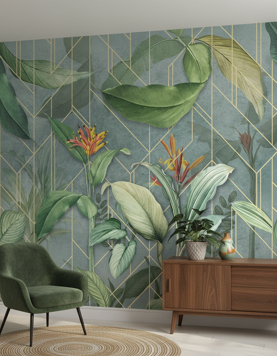 Frunze tropicale pe model geometric