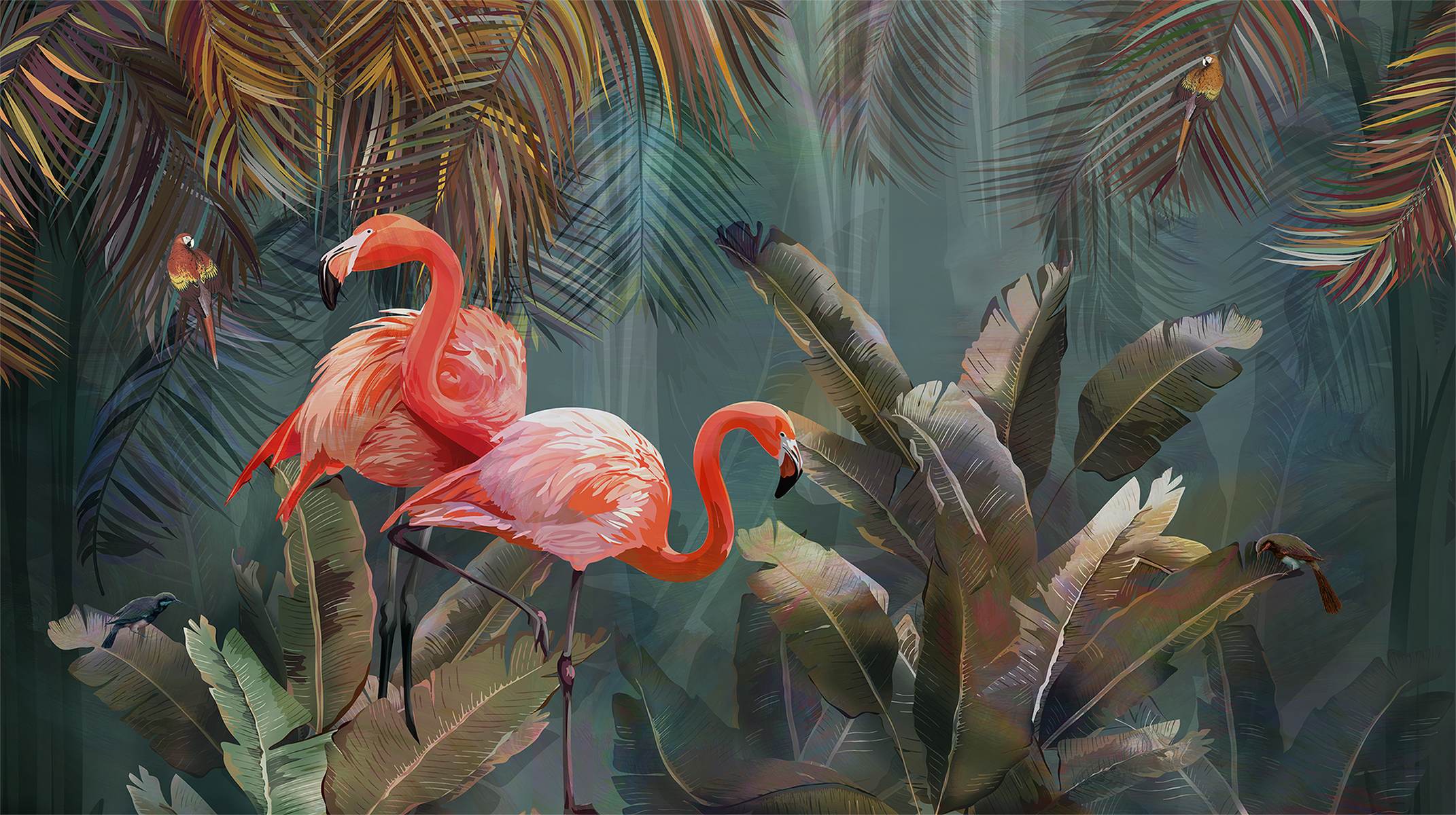 Flamingo tropical în frunziș exotic