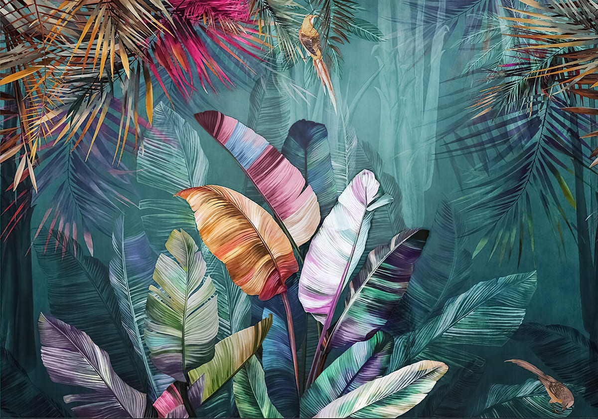 Frunze tropicale colorate pe verde