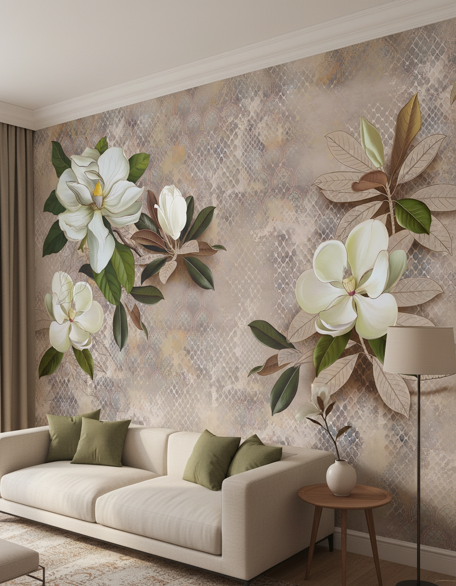 Magnolii elegante pe fundal ornamental
