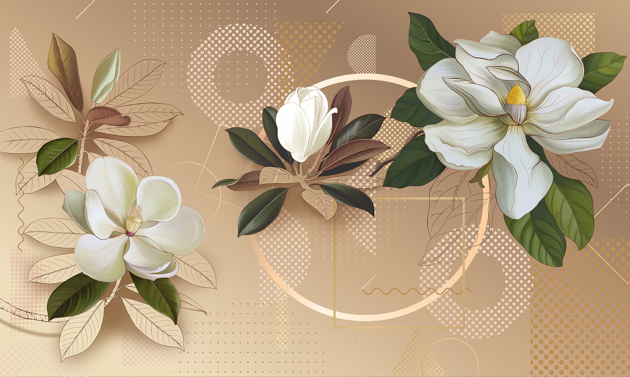 Magnolii albe cu accente geometrice aurii