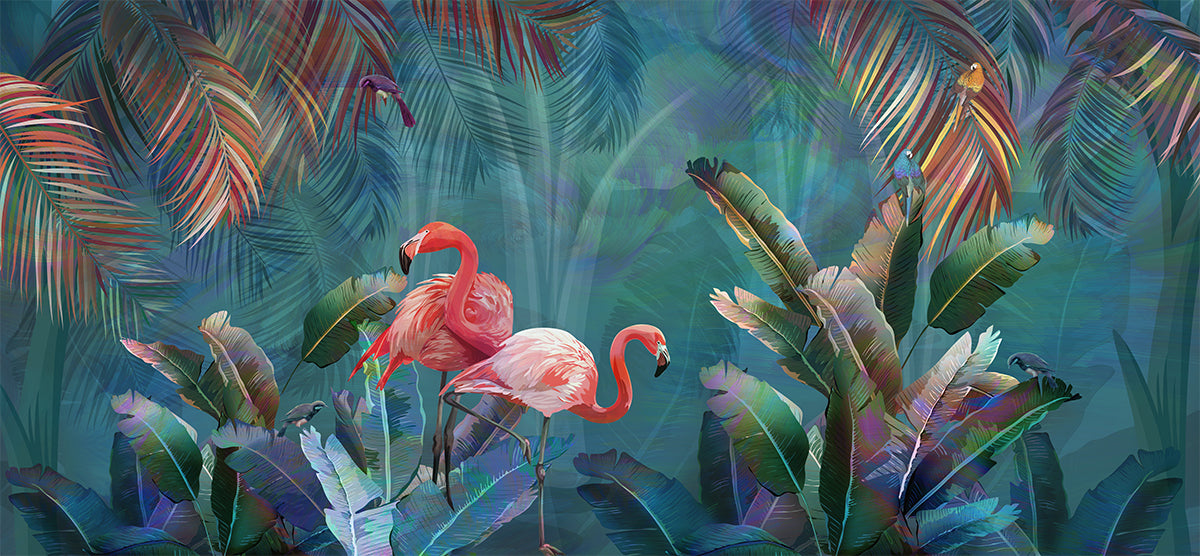 Flamingo tropical pe fundal verde