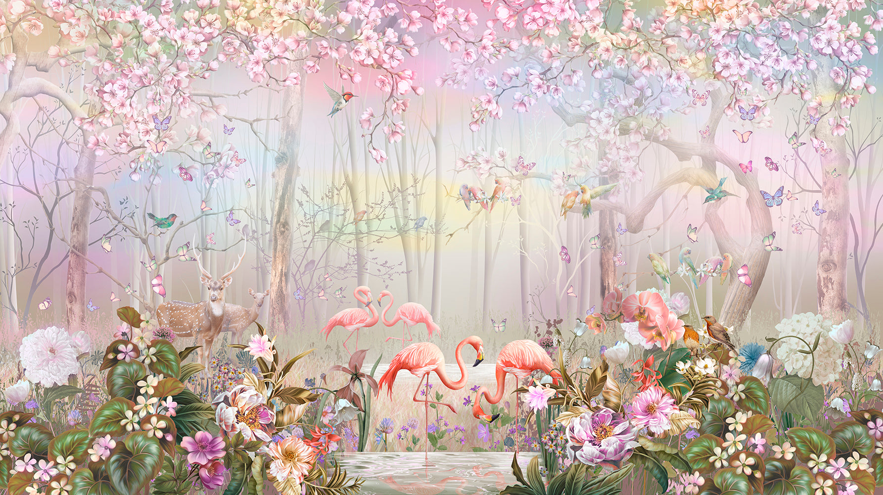 Grădină florală roz cu flamingo