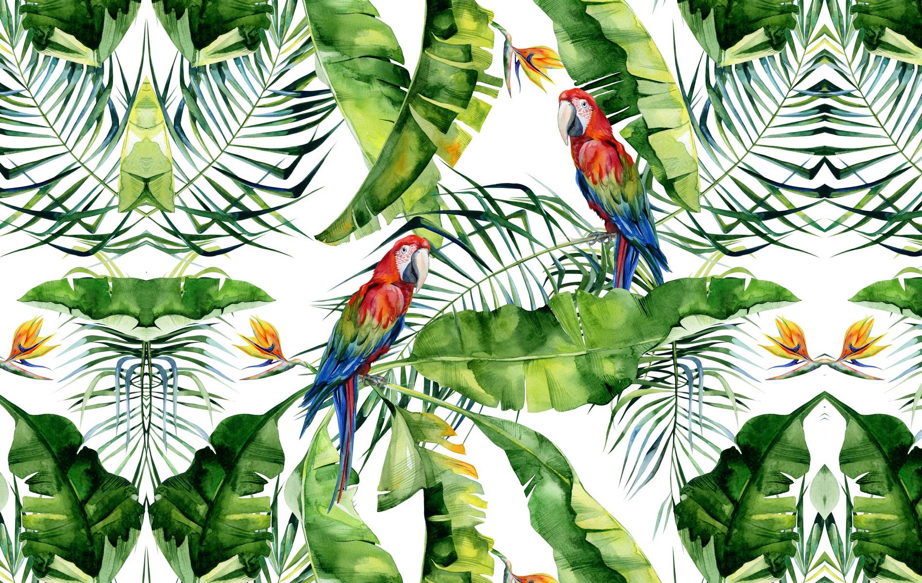 Papagali colorați în frunze tropicale