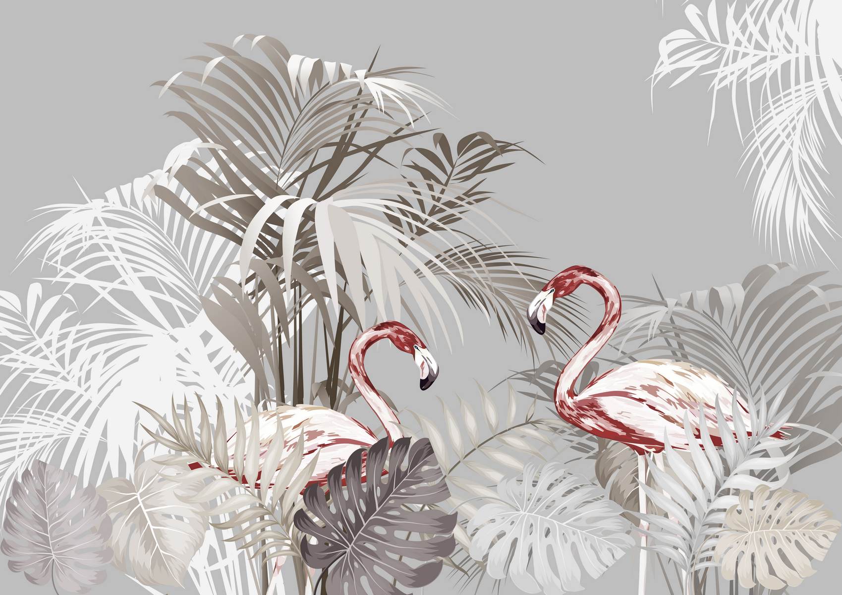 Flamingo roz printre frunze albe