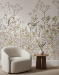 Păsări de grădină printre flori sălbatice în nuanțe pastel