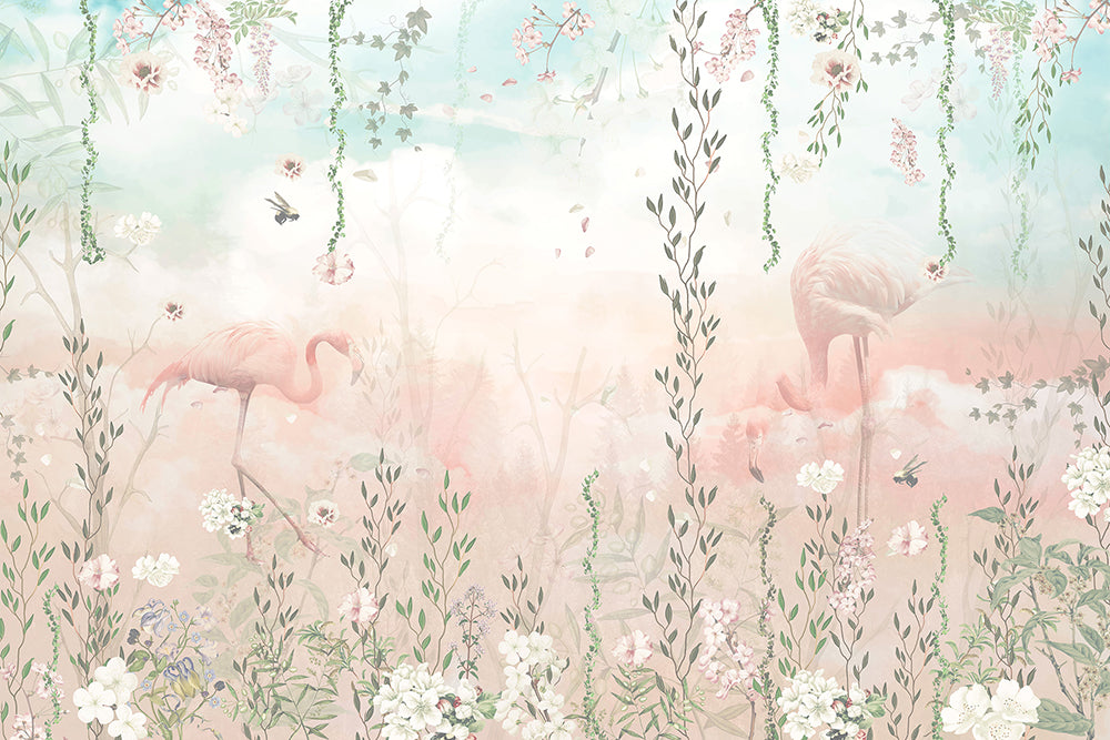 Flamingo roz într-o grădină florală pastelată