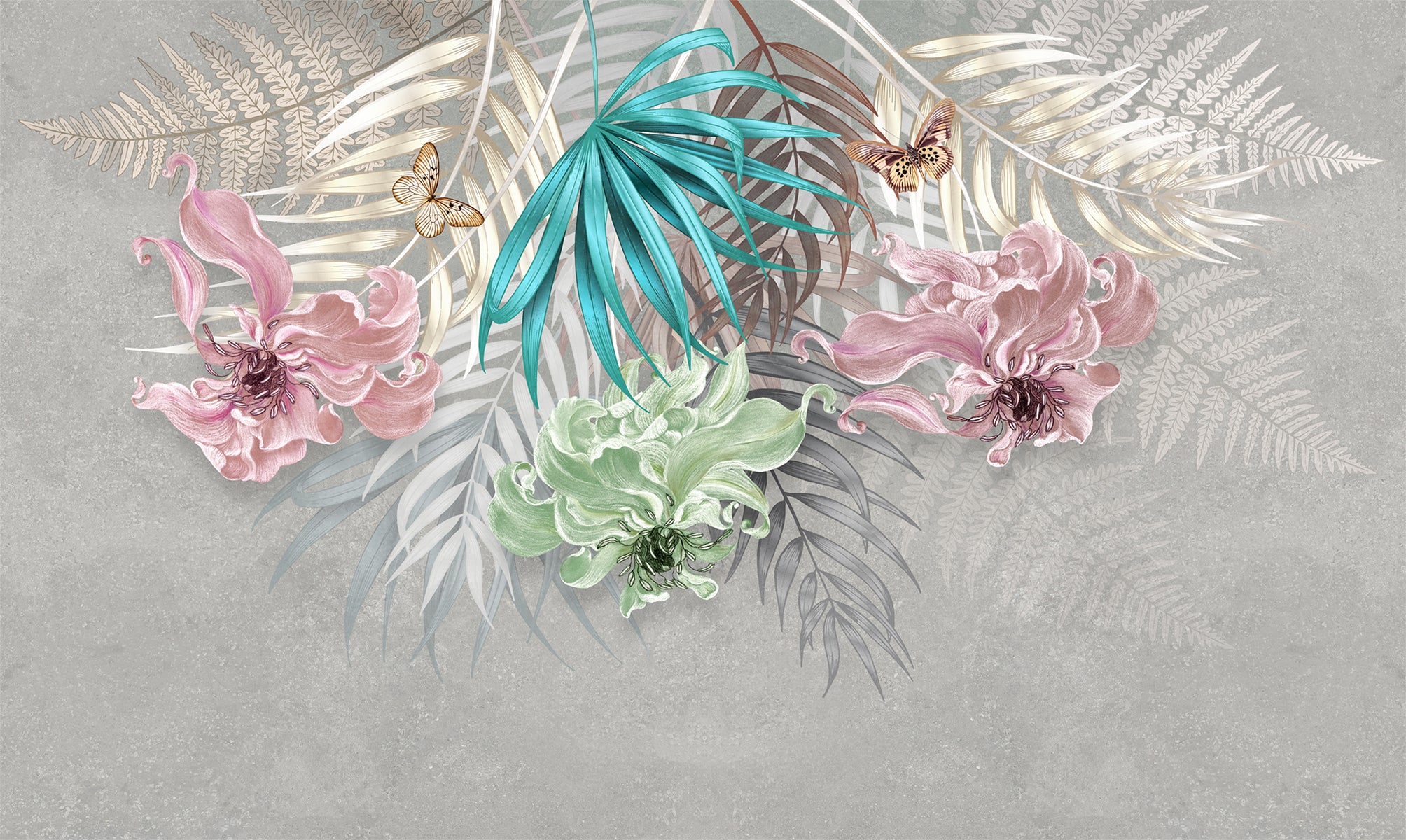 Frunze tropicale pastel cu flori
