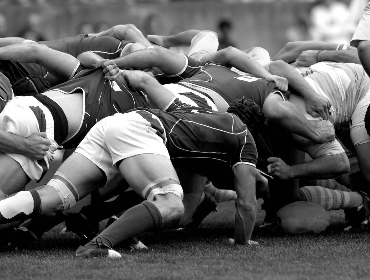 Jucători de rugby în scrum