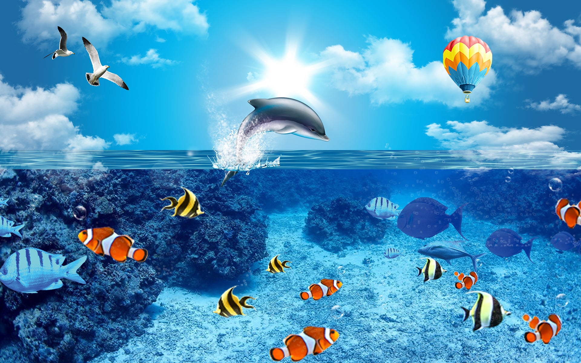 Recif tropical cu delfin și pești