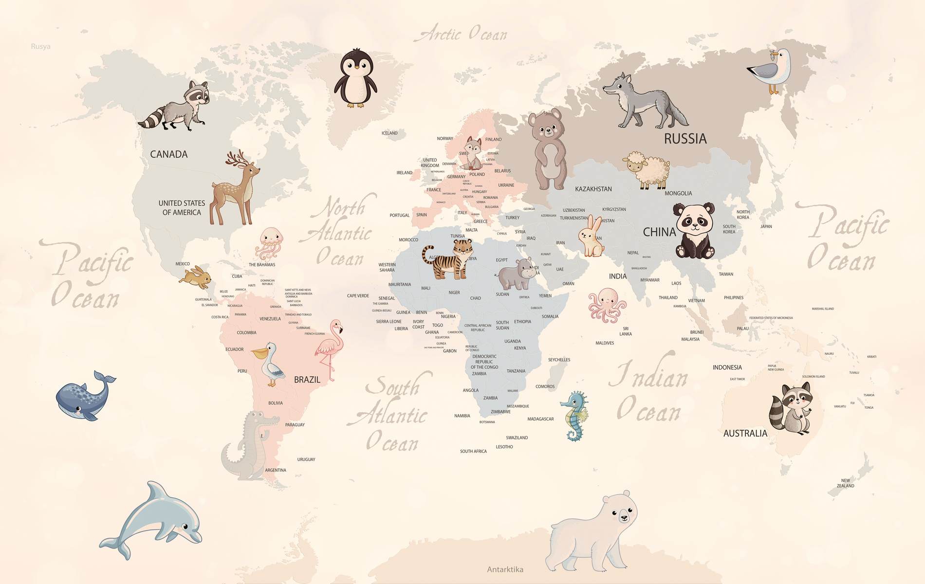 Harta lumii pastel cu animale