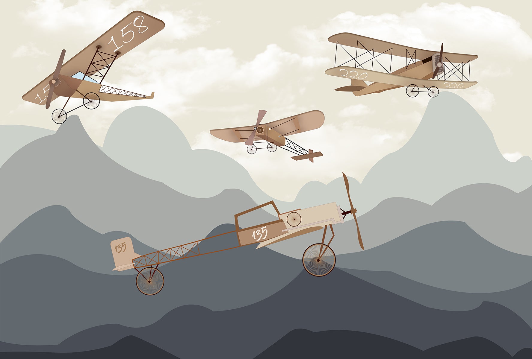 Avioane vintage de epocă peste peisaj montan