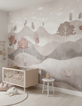 Peisaj pastel cu dealuri și copaci decorativi