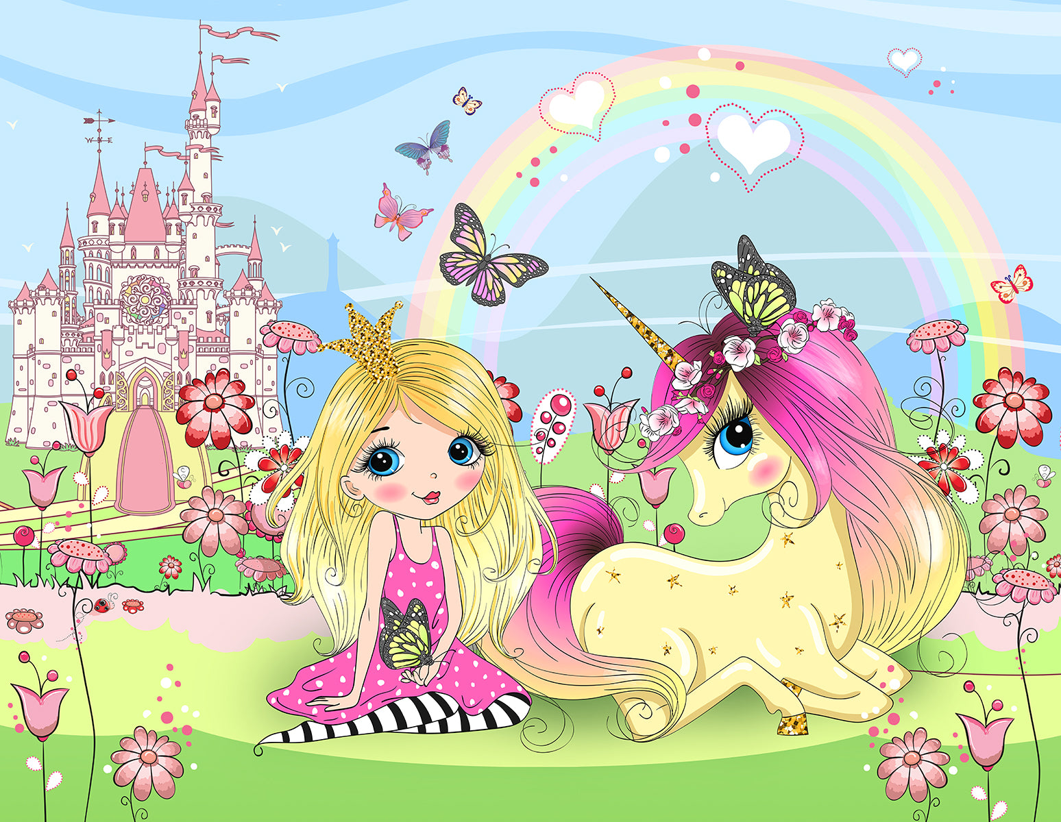 Prințesă cu unicorn și curcubeu colorat