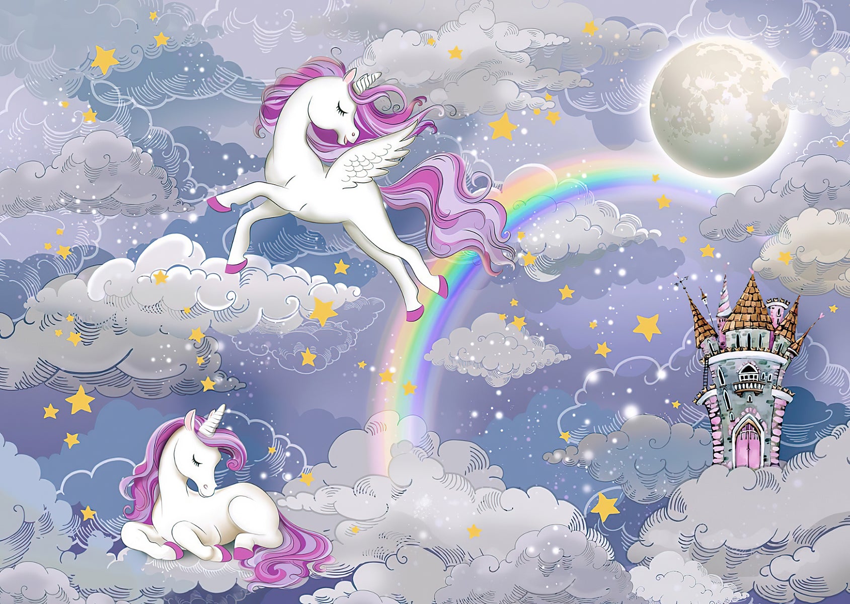 Unicorni pe nori cu lună și curcubeu