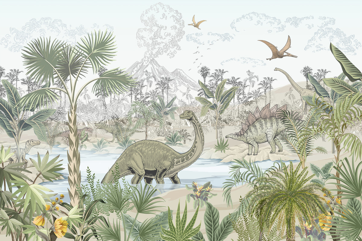 Dinozauri în junglă tropicală pastel