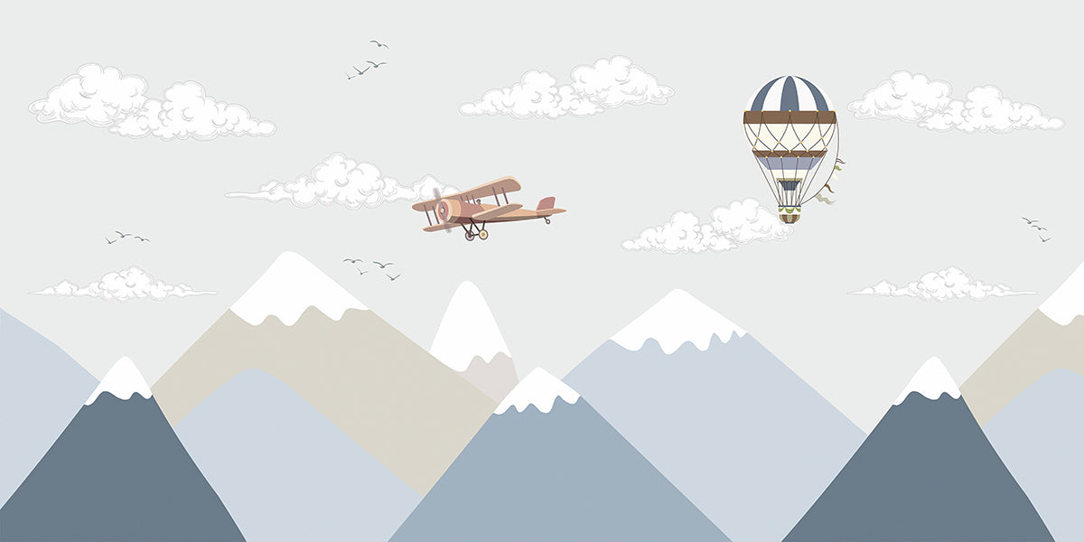 Munți pastel cu avion vintage și balon