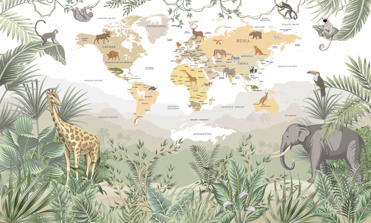 Harta lumii cu animale tropicale în limba română