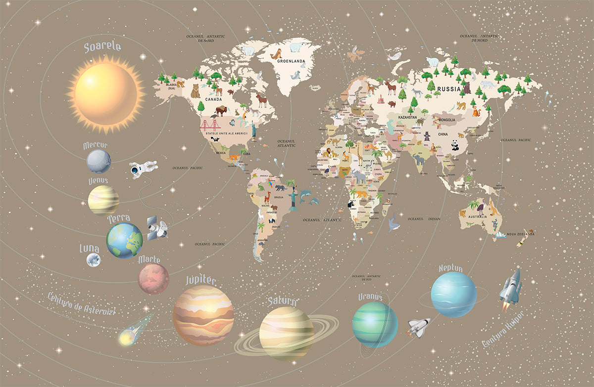 Harta lumii cu planete de culoare bej