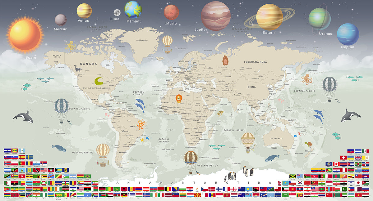 Hartă lumii cu planete și baloane