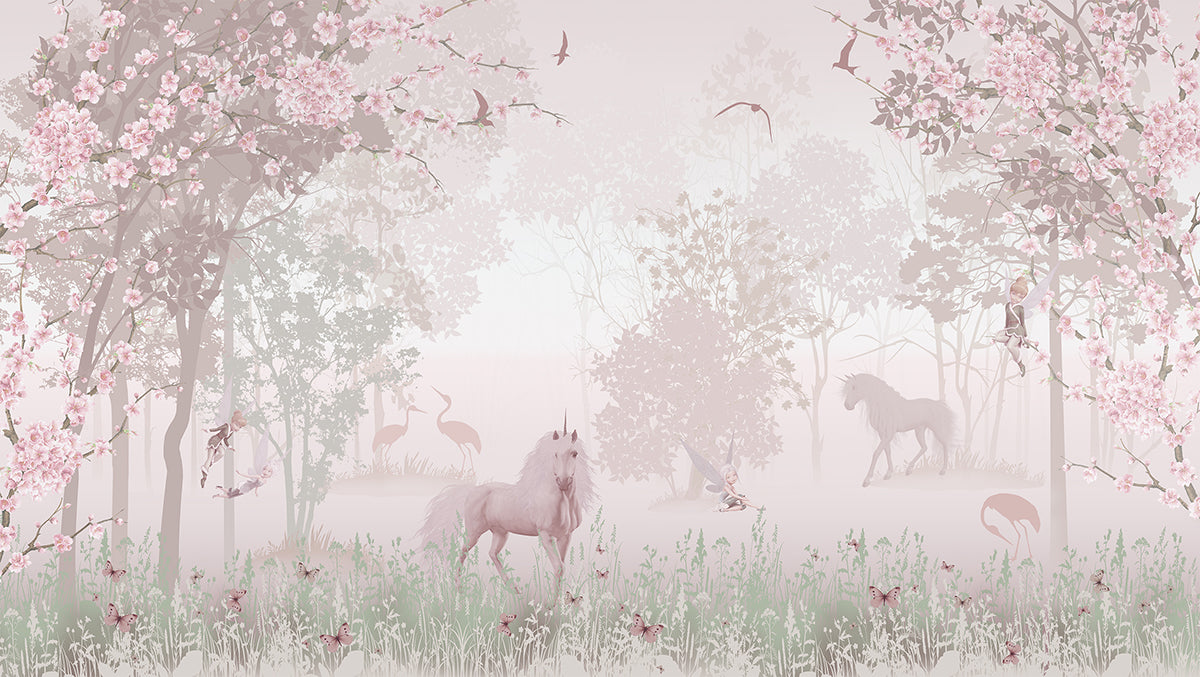 Pădure roz cu unicorni și flori delicate