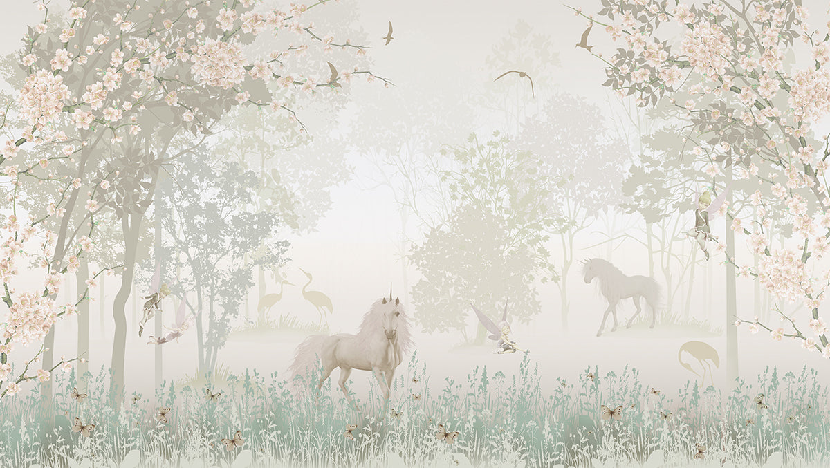 Pădure pastel cu unicorni și copaci verzi