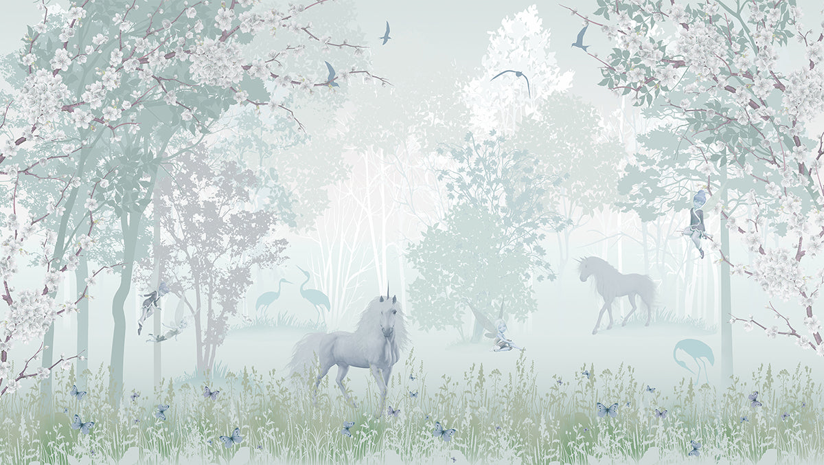 Pădure albastră cu unicorni și copaci înfloriți