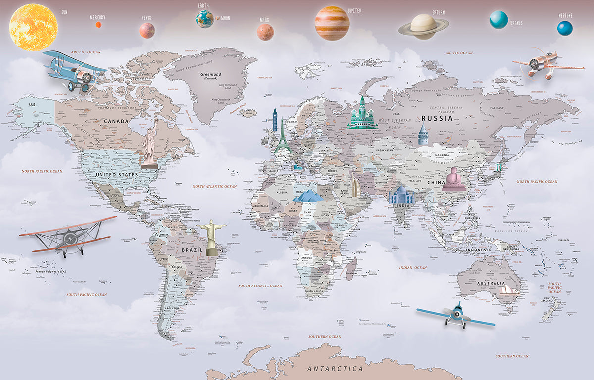 Hartă lumii violet cu baloane și planete