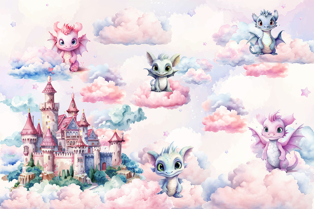 Dragoni pastel și castel de poveste pe nori