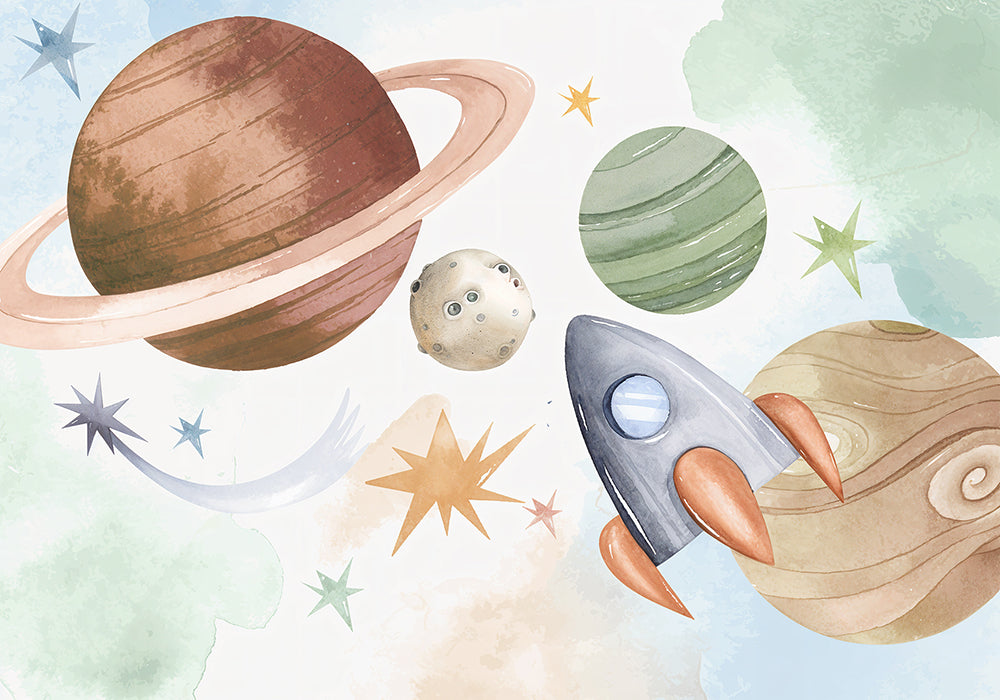Rachetă și planete în univers pastel