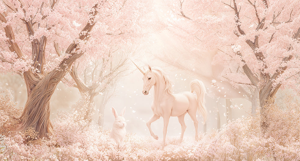 Unicorn în pădure roz