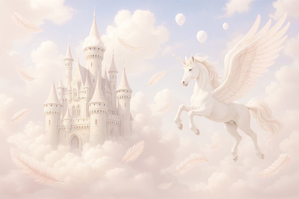 Unicorn înaripat și castel printre nori