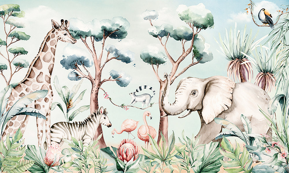 Safari pastel cu elefant și girafă