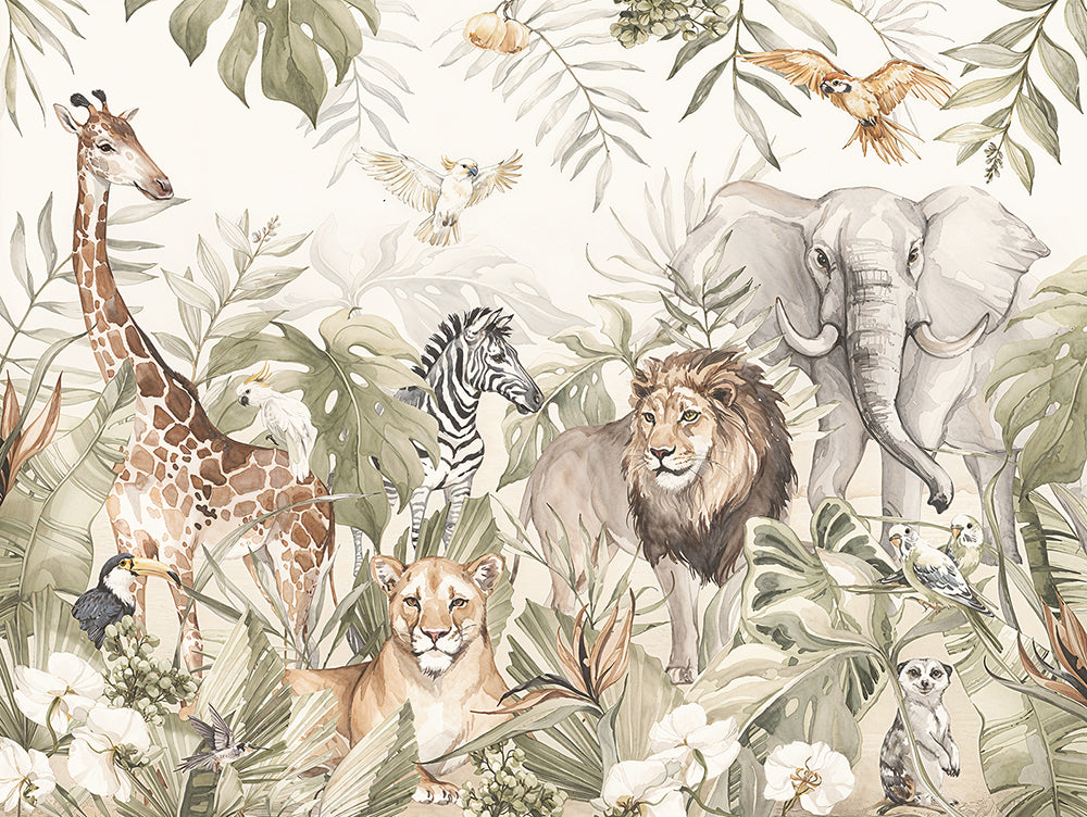 Animale safari în junglă cu frunze tropicale
