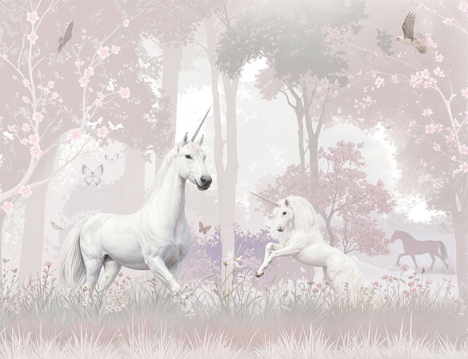 Unicorni albi în pădure pastel