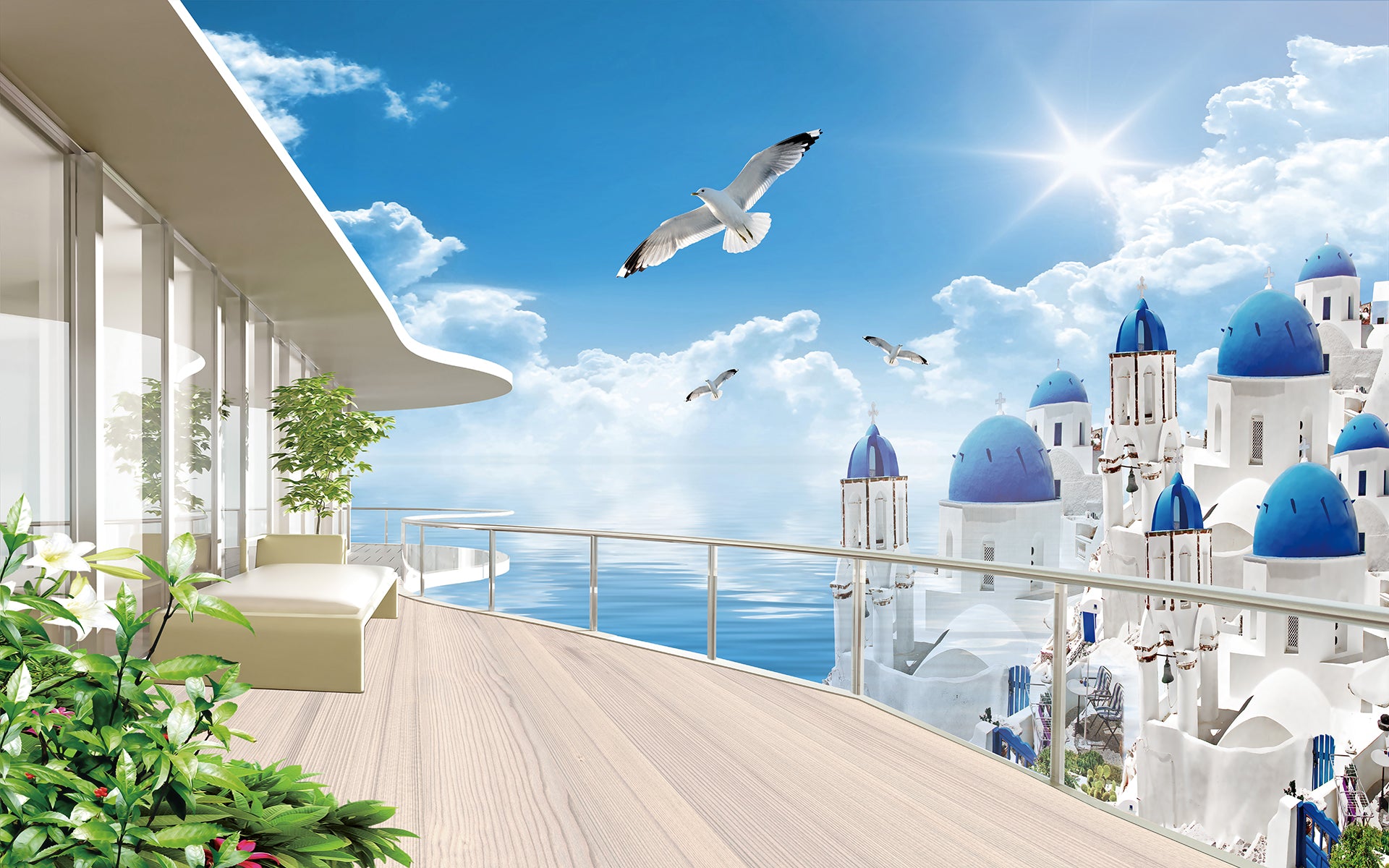 Terasă Santorini cu vedere spre ocean