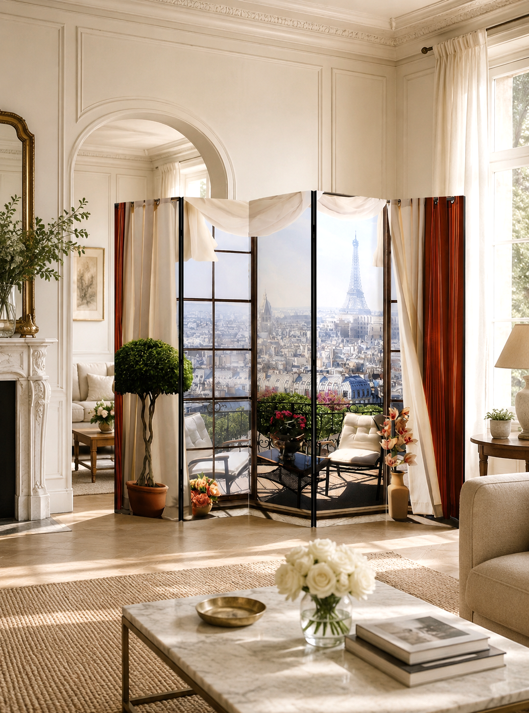 Paravan decorativ Balcon parizian cu Turnul Eiffel, vedere frontală