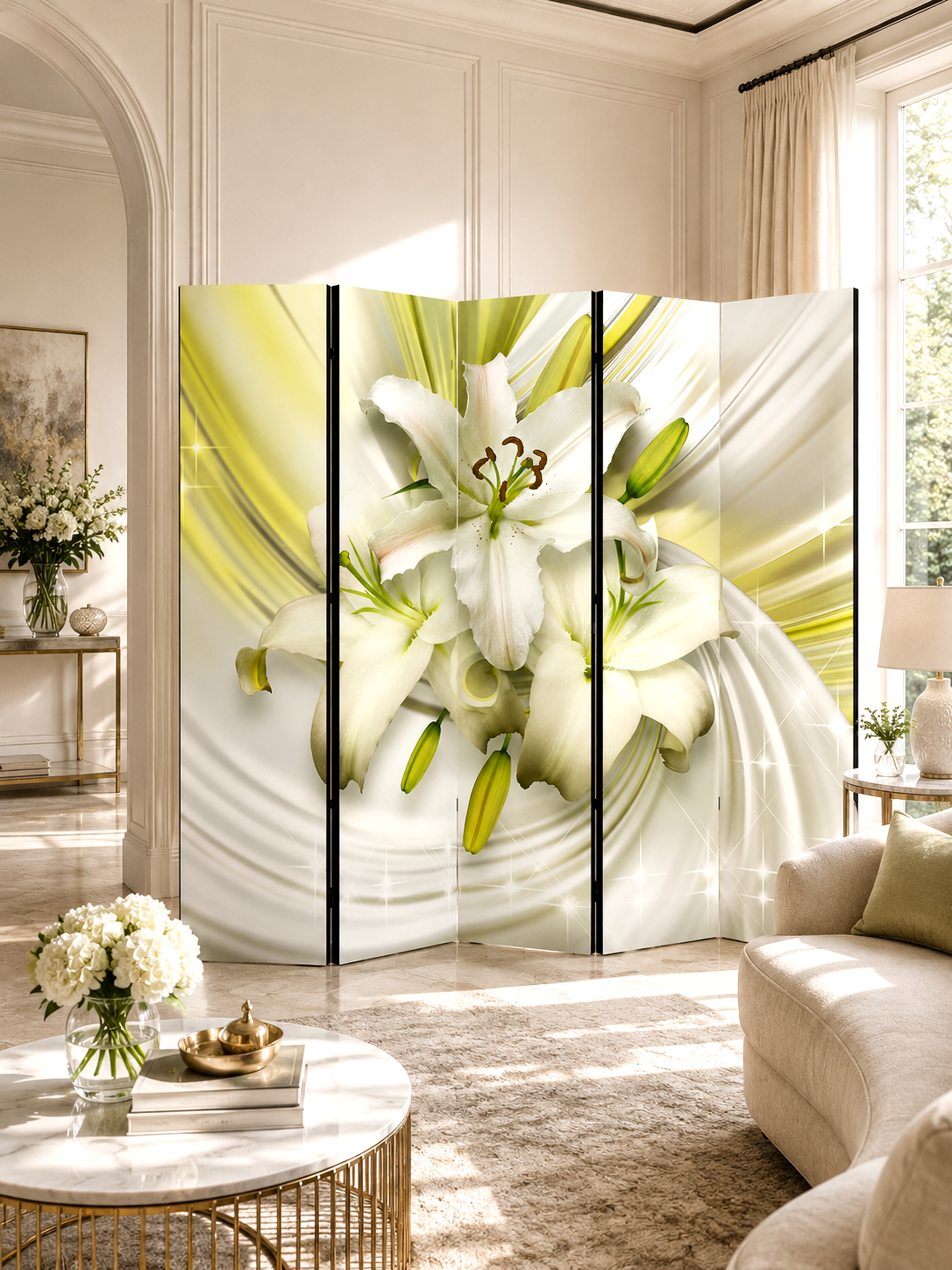 Paravan decorativ Crini albi pe fundal abstract, vedere frontală